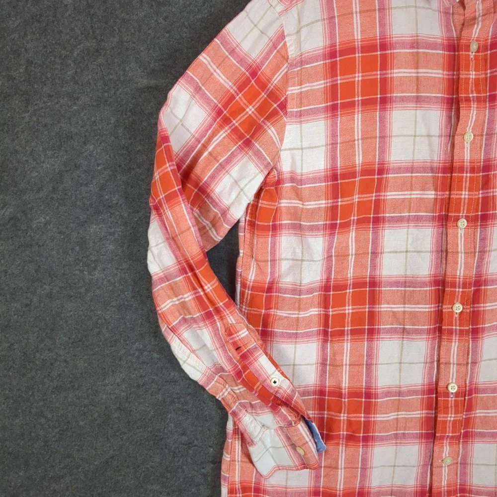 Banana Republic Slim Fit Plaid Button Down Shirt Mens Large Orange White Linen